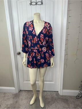 Altar'd State Navy Floral Wrap Romper with Pink & Coral Blossoms